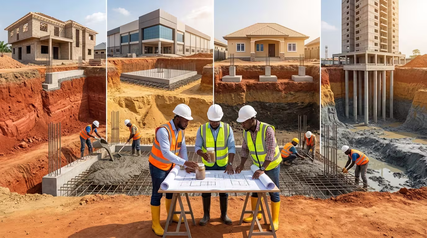 Engineers and construction workers inspect building plans while demonstrating strip, raft, pad, and pile foundations on different Nigerian soil types at an active construction site.
