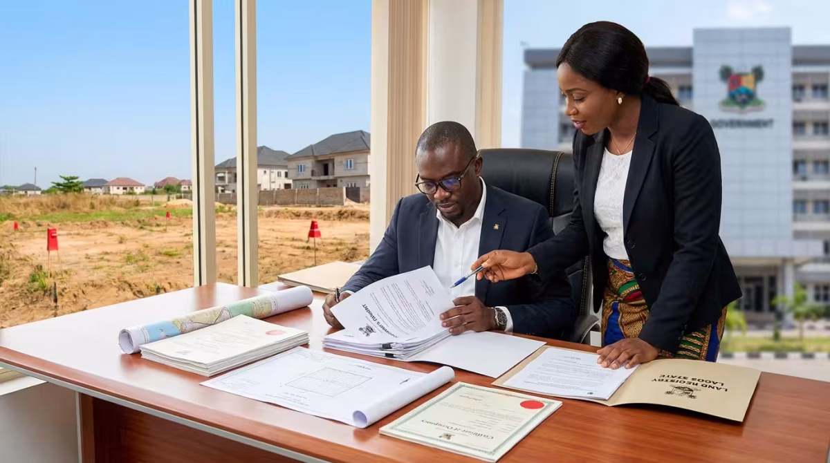 Property buyer and legal consultant reviewing Governor's Consent and land ownership documents in an office overlooking a residential development site in Nigeria.