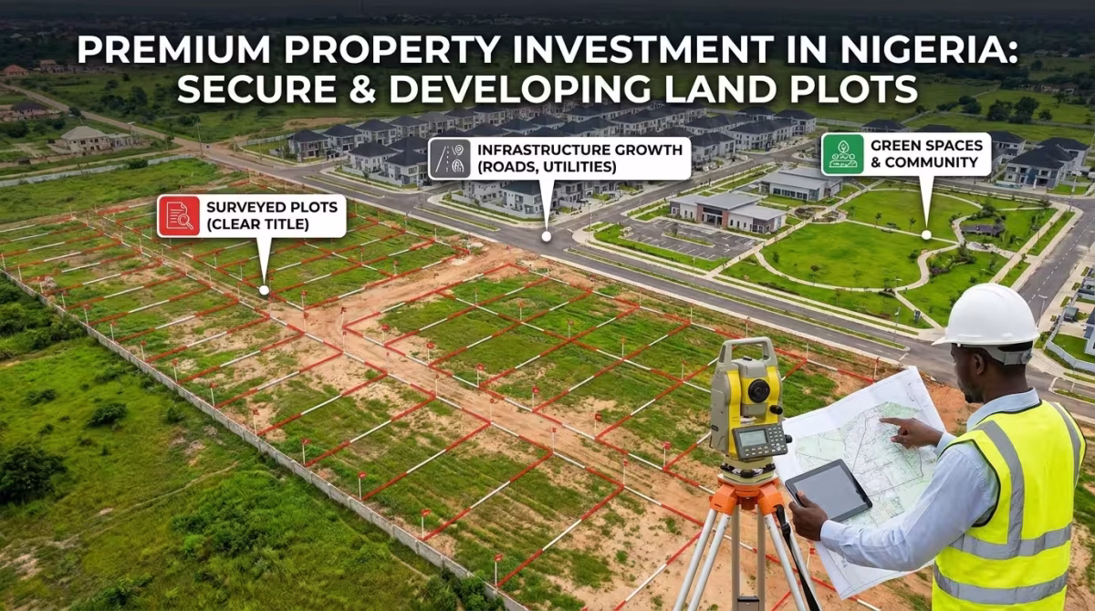 Aerial view of surveyed land plots in a Nigerian estate with a surveyor using measuring equipment, showcasing infrastructure, green spaces, and property development opportunities.