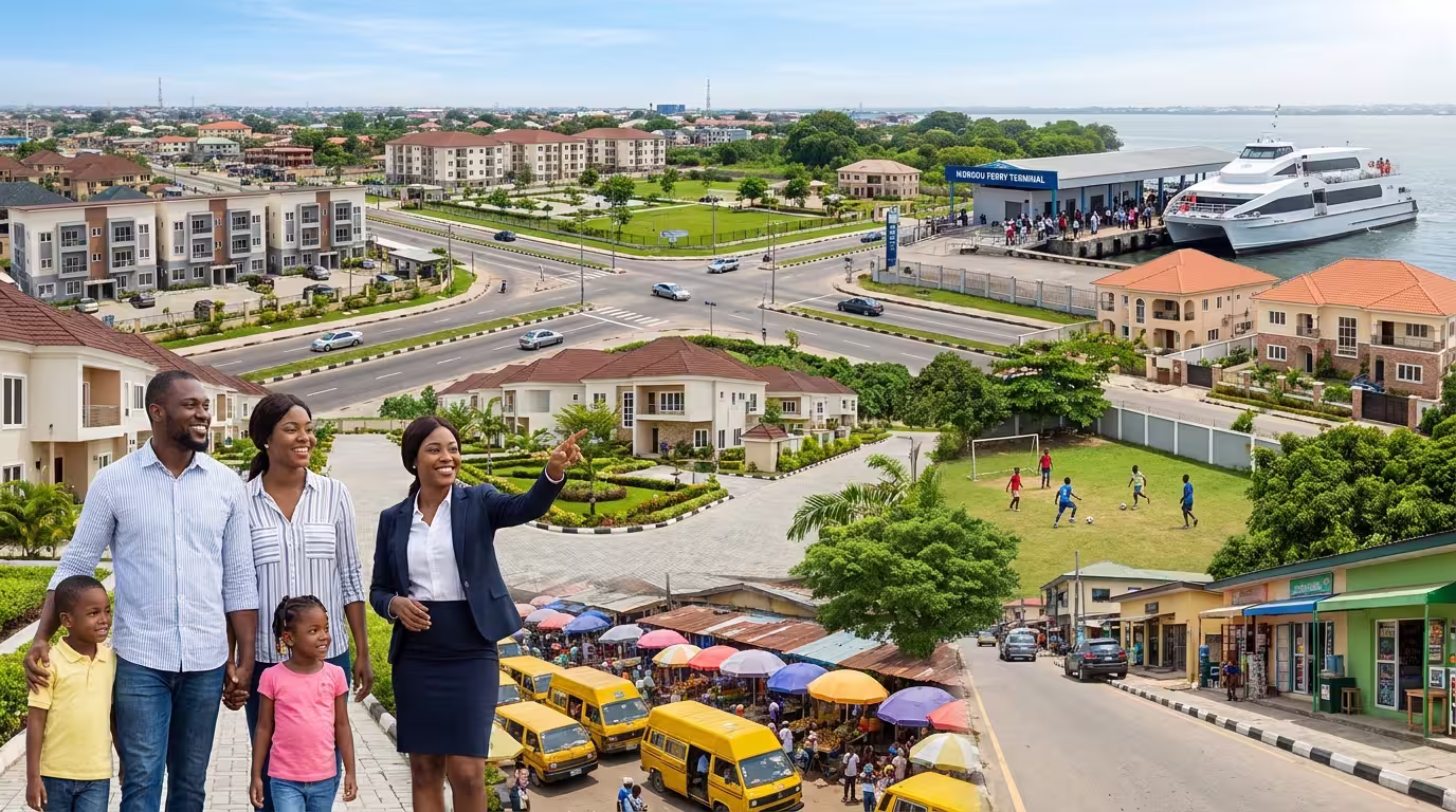 A panoramic view of Ikorodu, Lagos, showcasing modern residential estates, family homes, the Ikorodu Ferry Terminal, busy local markets, commercial streets, green recreational spaces, and a Nigerian family touring the neighbourhood with a real estate agent.