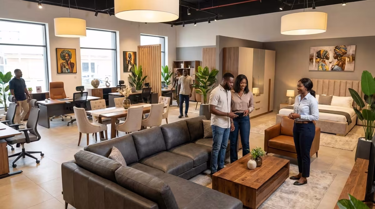 A bright, modern furniture showroom with customers and a sales associate viewing living room sets, dining furniture, and bedroom displays.
