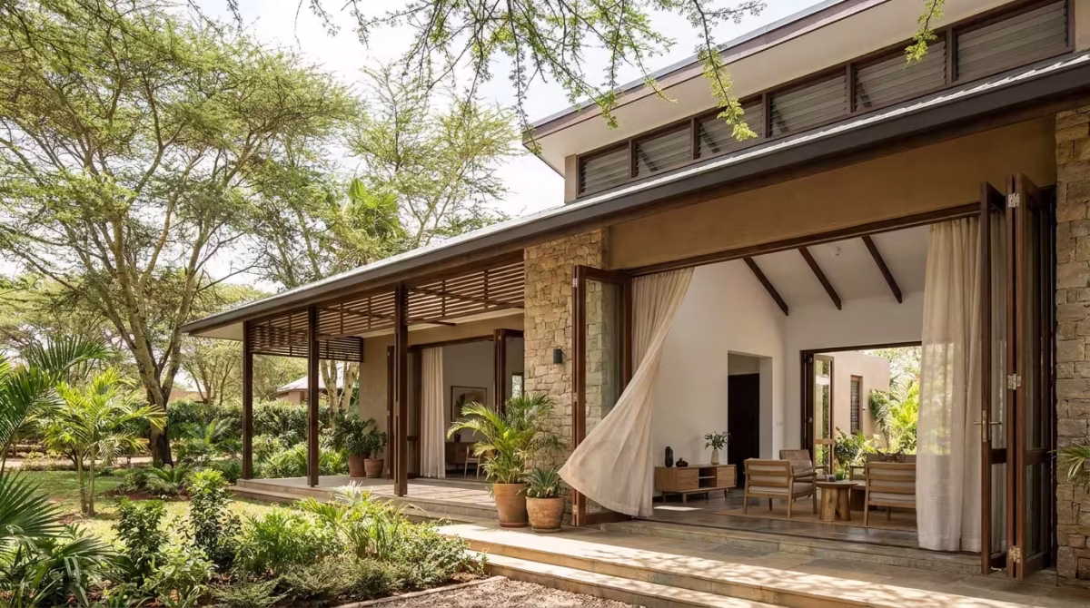 Modern naturally ventilated home with large open doors, shaded veranda, and surrounding greenery for passive cooling.