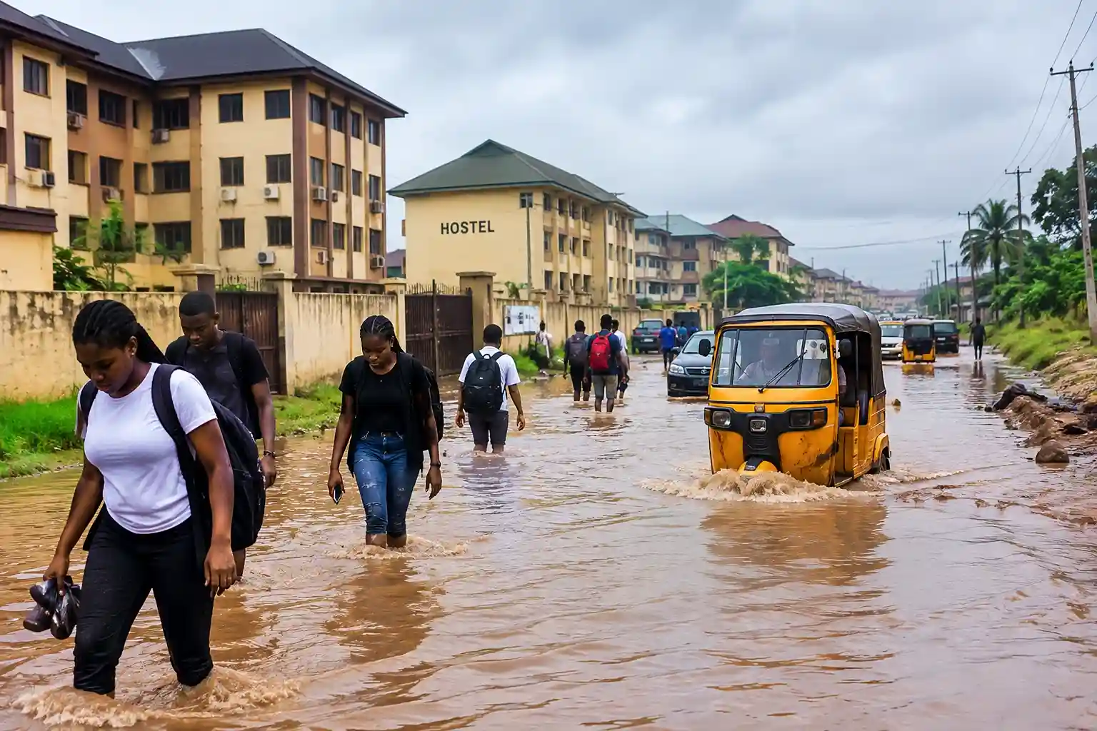 Students walk through a flooded road near hostel buildings in an Anambra community as a tricycle navigates the water.