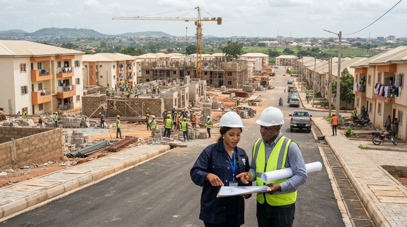 Construction professionals inspect plans at a developing housing estate in Nigeria.
